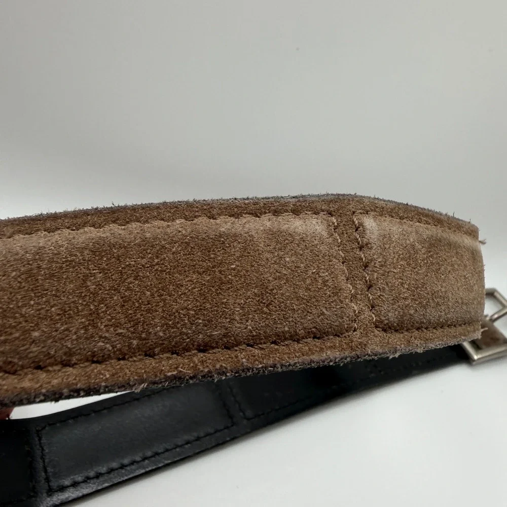 Cole Haan Mens Belt‎ Black Leather Brown Suede Silver Buckle Casual Size 36